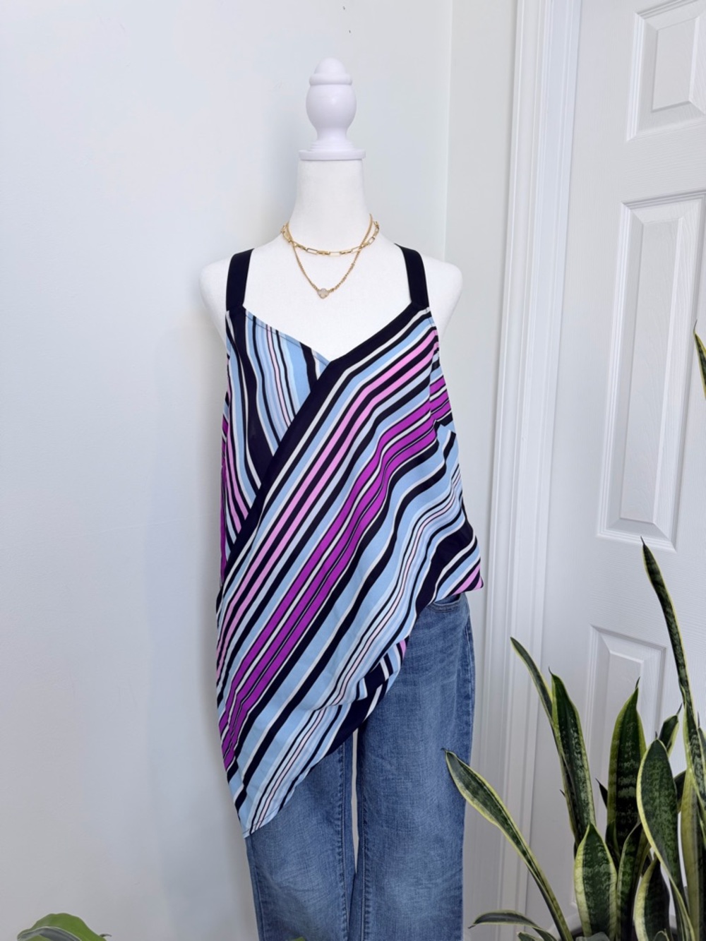Vince Camuto Asymmetrical Striped Tank Top NWT Small Blue Pink Draped Blouse